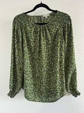 Alex & Lili Green Floral Smocked-Neck Blouse